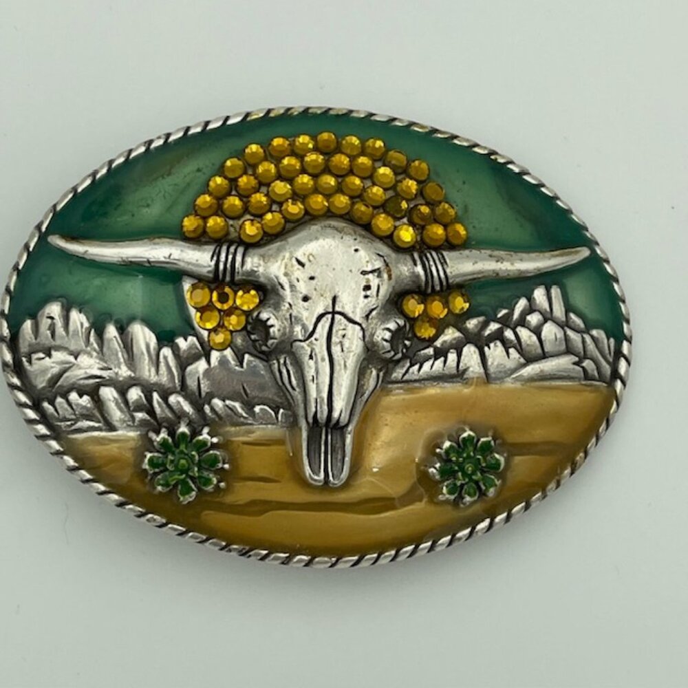 Western Longhorn Steer Skull Enamel Rhinestone Belt Buckle Silver Tone Cowgirl